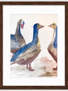 Original Watercolor Geese Trio Painting in Blue and Brown
